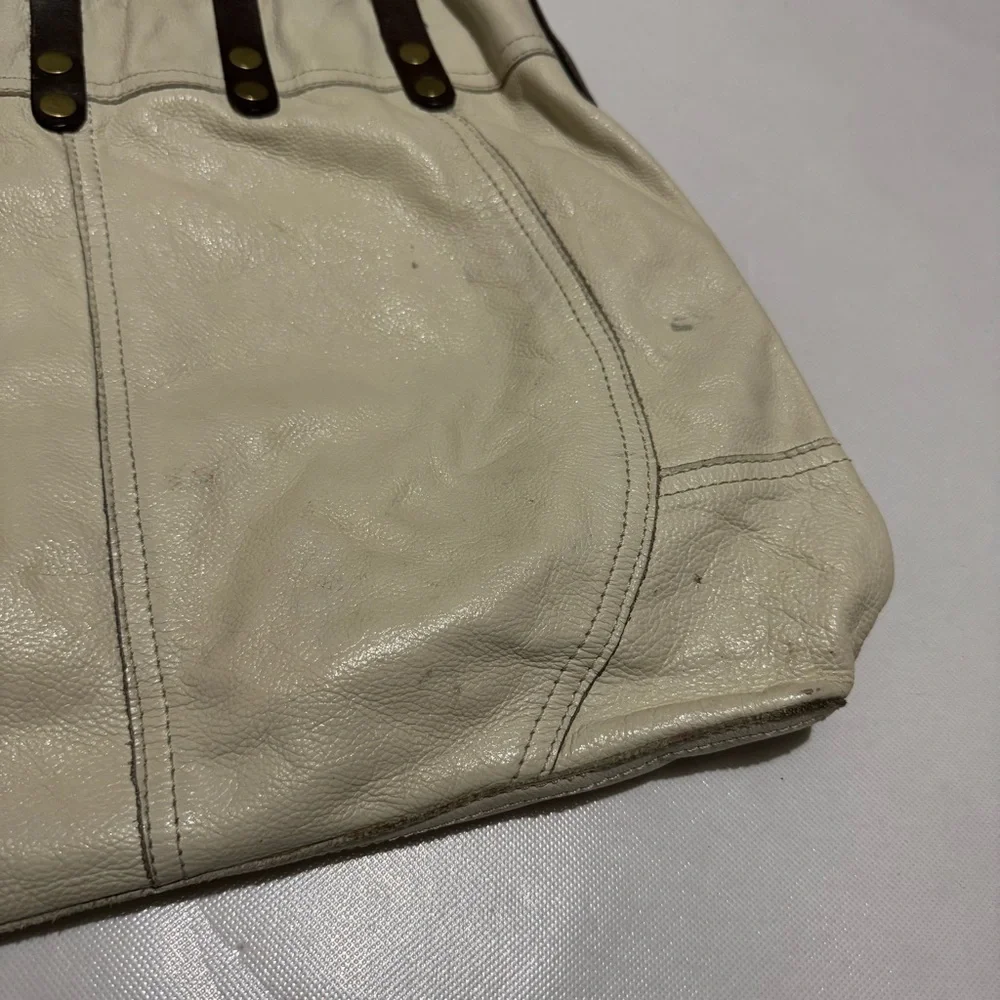Lucky Brand‎ Cream Brown Leather Large Slouch Shoulder Bag Tote Western Boho